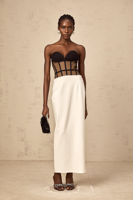 Aurohaya Enora contrast-color sheer corset maxi dress
