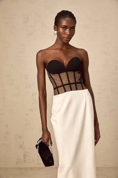 Aurohaya Enora contrast-color sheer corset maxi dress
