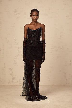Aurohaya Sylvie black beaded asymmetrical lace maxi dress