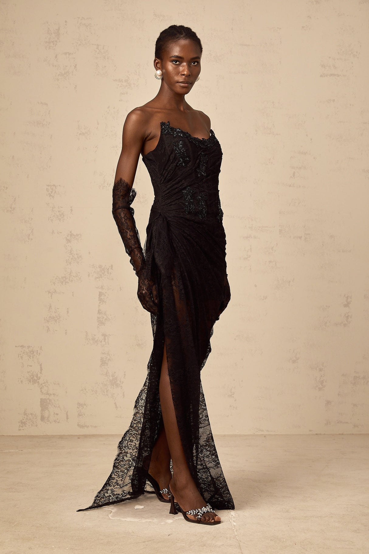 Aurohaya Sylvie black beaded asymmetrical lace maxi dress