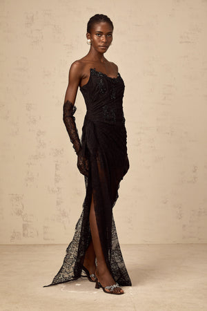 Aurohaya Sylvie black beaded asymmetrical lace maxi dress