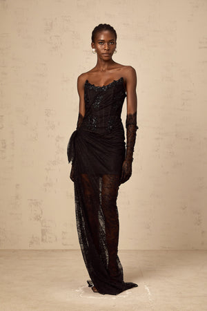 Aurohaya Sylvie black beaded asymmetrical lace maxi dress