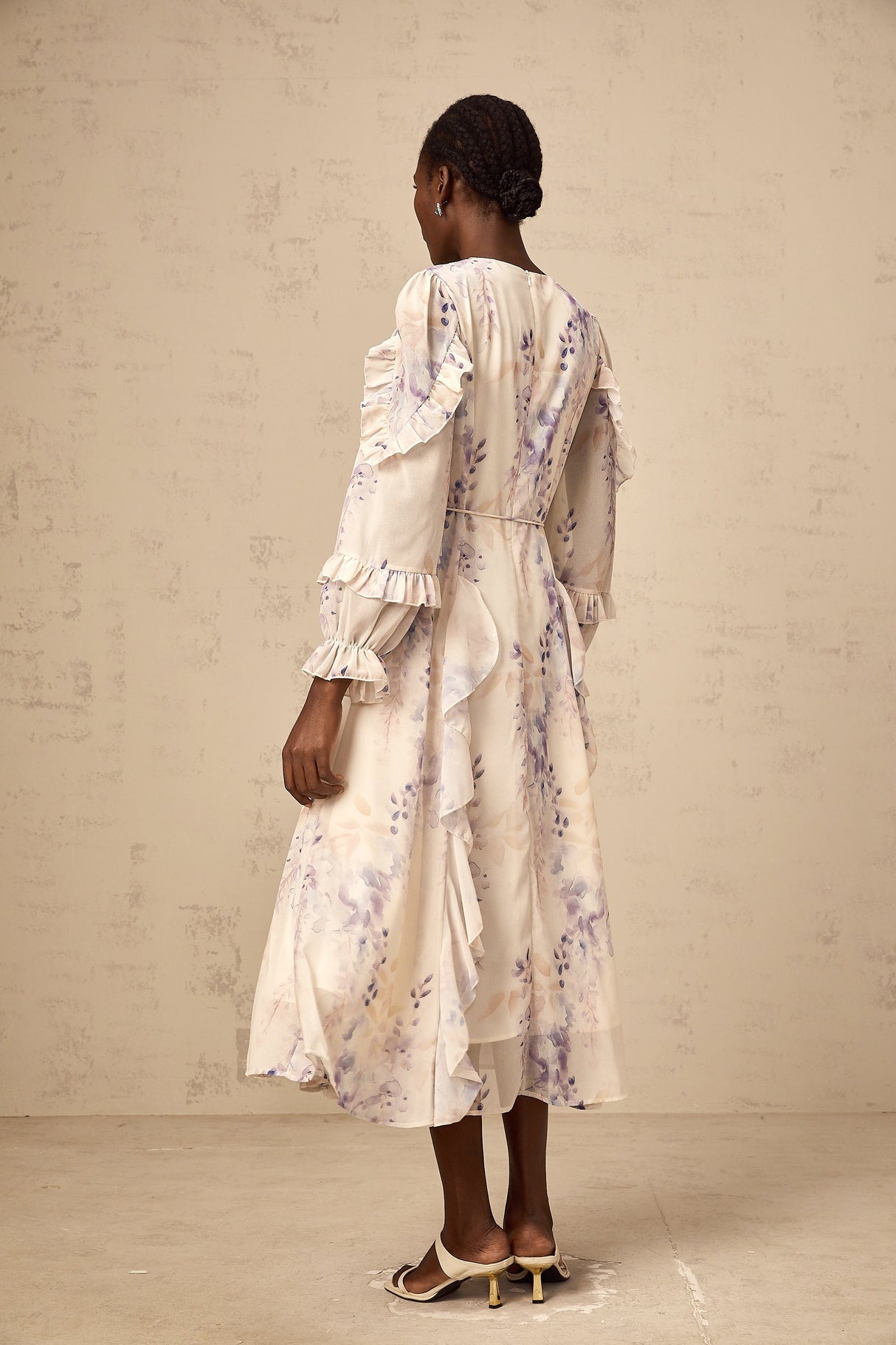 Aurohaya Vivien neutrals wistaria-print flared midi dress