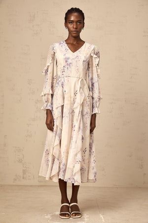 Aurohaya Vivien neutrals wistaria-print flared midi dress