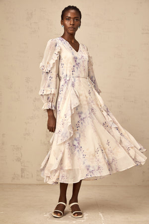 Aurohaya Vivien neutrals wistaria-print flared midi dress