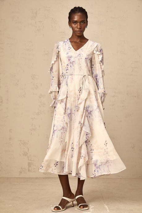 Aurohaya Vivien neutrals wistaria-print flared midi dress