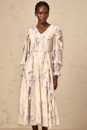 Aurohaya Vivien neutrals wistaria-print flared midi dress