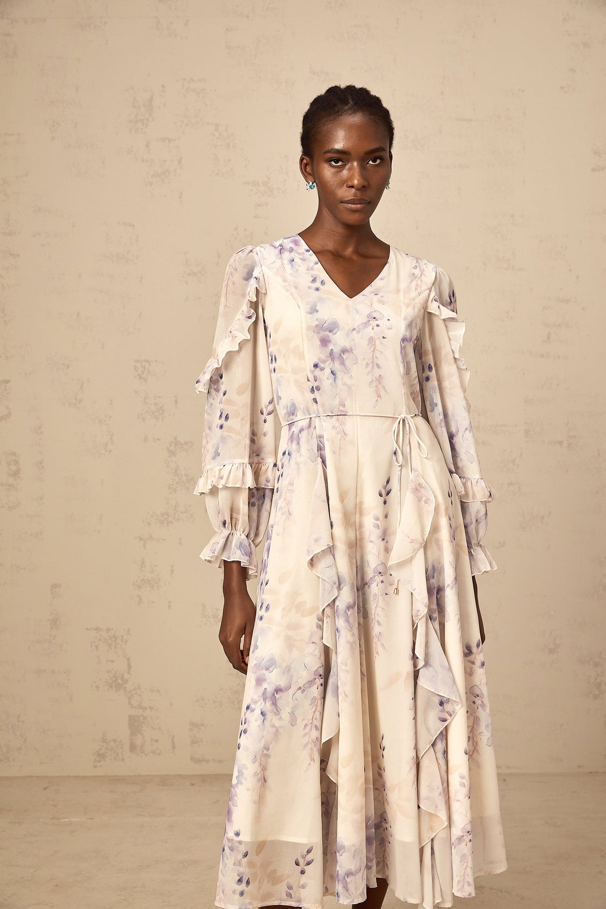Aurohaya Vivien neutrals wistaria-print flared midi dress