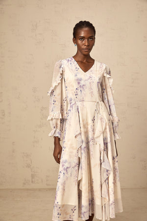 Aurohaya Vivien neutrals wistaria-print flared midi dress