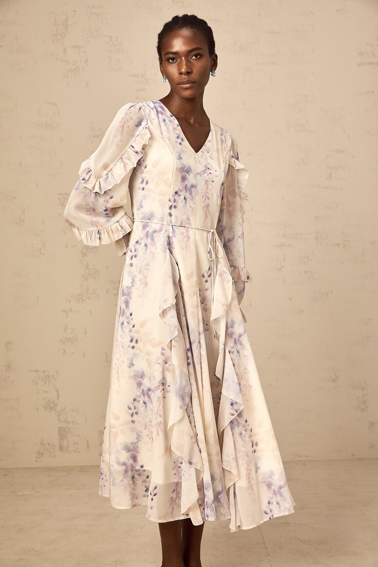 Aurohaya Vivien neutrals wistaria-print flared midi dress