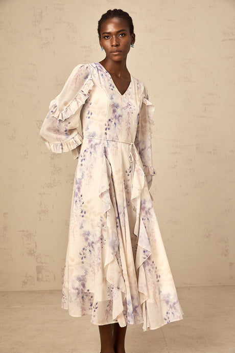 Aurohaya Vivien neutrals wistaria-print flared midi dress