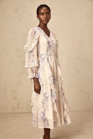 Aurohaya Vivien neutrals wistaria-print flared midi dress