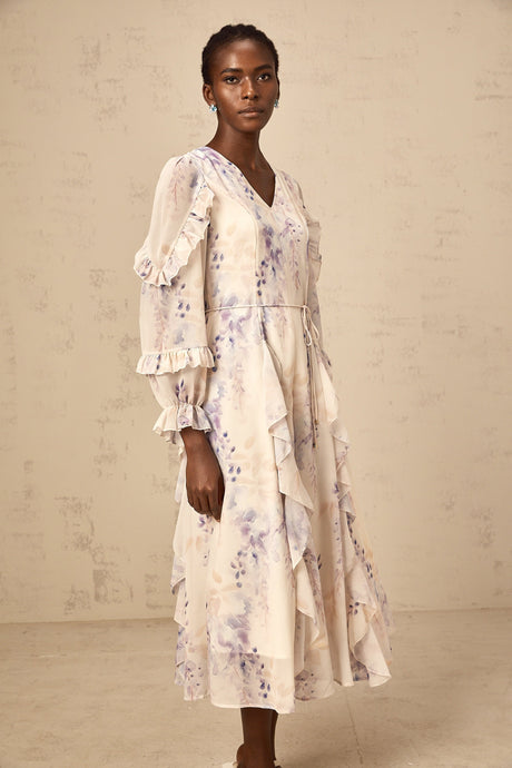 Aurohaya Vivien neutrals wistaria-print flared midi dress