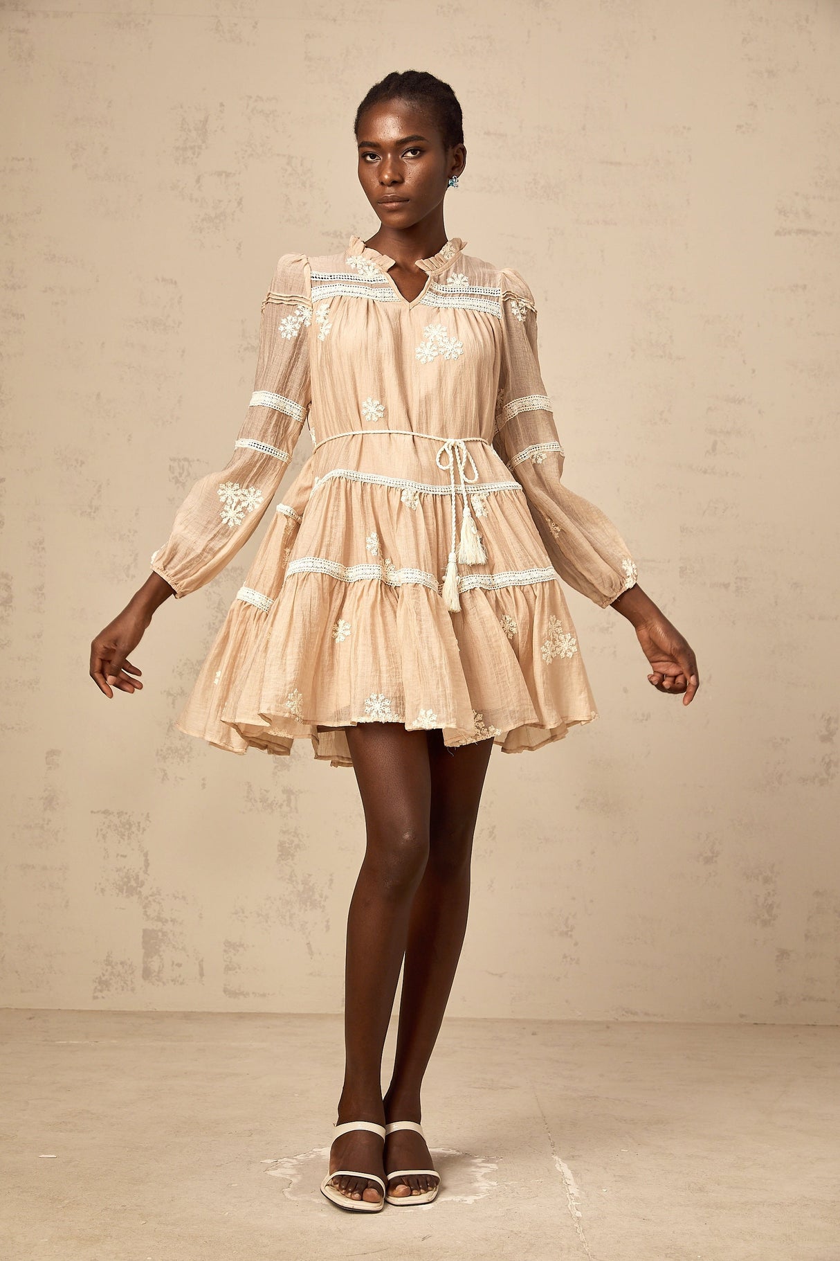 Aurohaya Margaux neutrals flower-embroidered tiered mini dress