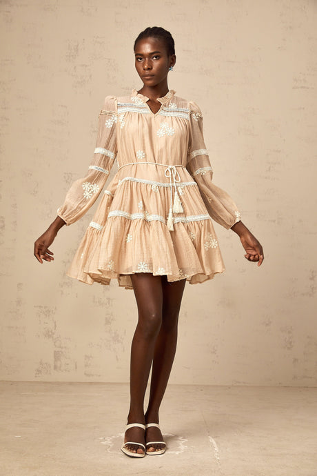 Aurohaya Margaux neutrals flower-embroidered tiered mini dress