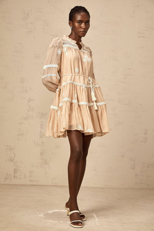 Aurohaya Margaux neutrals flower-embroidered tiered mini dress