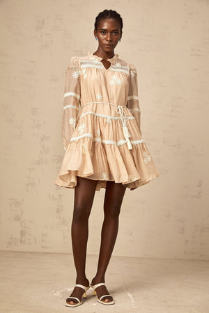 Aurohaya Margaux neutrals flower-embroidered tiered mini dress