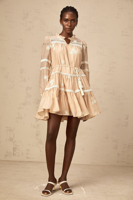 Aurohaya Margaux neutrals flower-embroidered tiered mini dress
