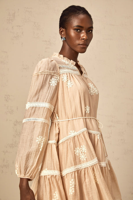Aurohaya Margaux neutrals flower-embroidered tiered mini dress