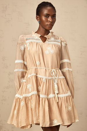 Aurohaya Margaux neutrals flower-embroidered tiered mini dress