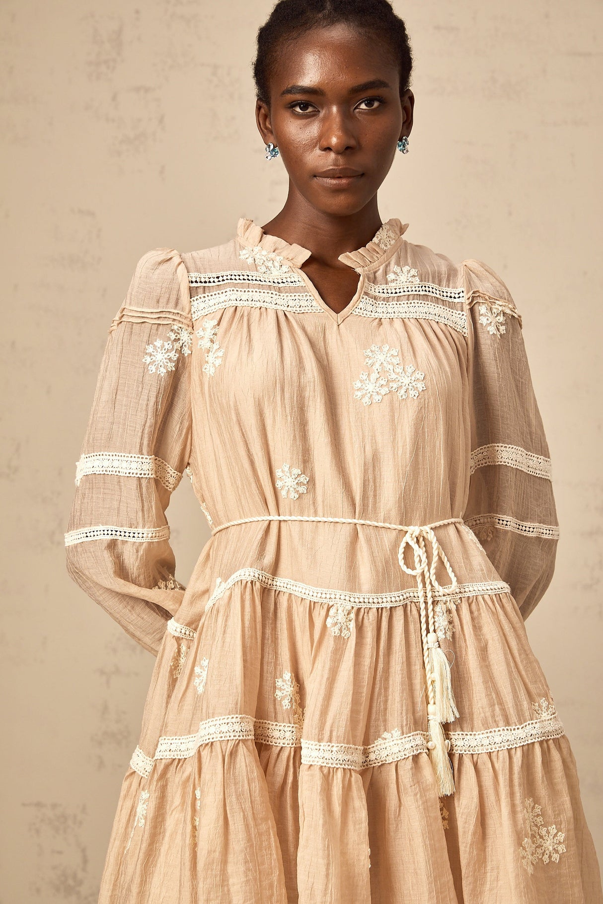 Aurohaya Margaux neutrals flower-embroidered tiered mini dress