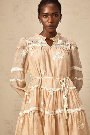Aurohaya Margaux neutrals flower-embroidered tiered mini dress