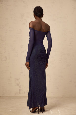 Aurohaya Hermine dark-blue embellished tulle-panel corset maxi dress