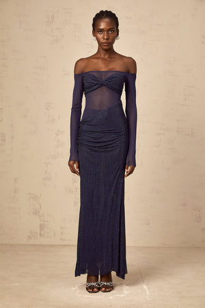 Aurohaya Hermine dark-blue embellished tulle-panel corset maxi dress