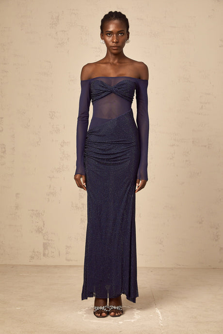 Aurohaya Hermine dark-blue embellished tulle-panel corset maxi dress