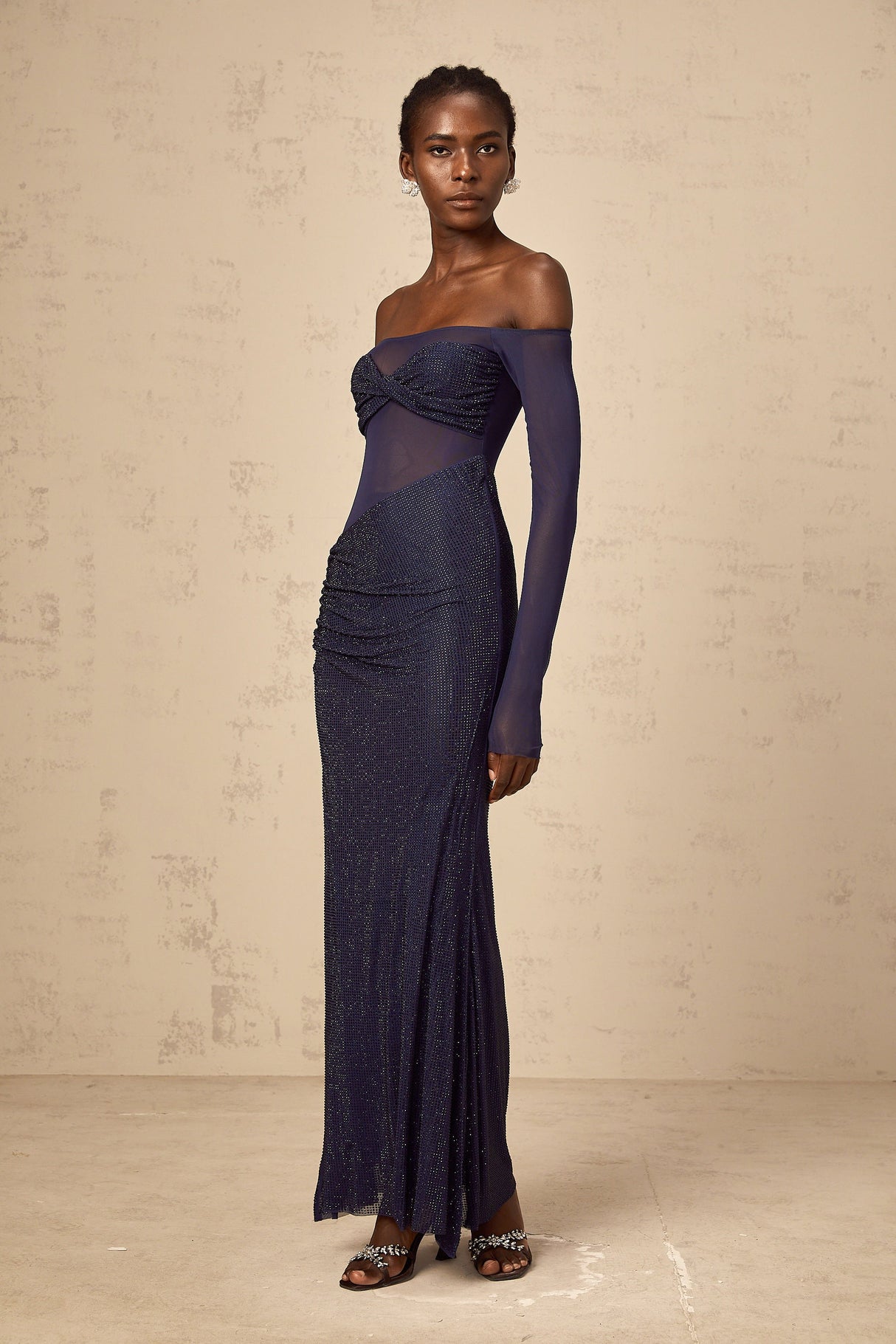 Aurohaya Hermine dark-blue embellished tulle-panel corset maxi dress