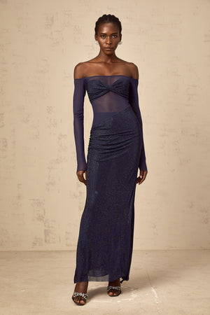 Aurohaya Hermine dark-blue embellished tulle-panel corset maxi dress