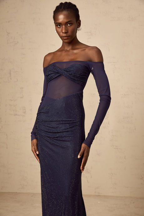 Aurohaya Hermine dark-blue embellished tulle-panel corset maxi dress