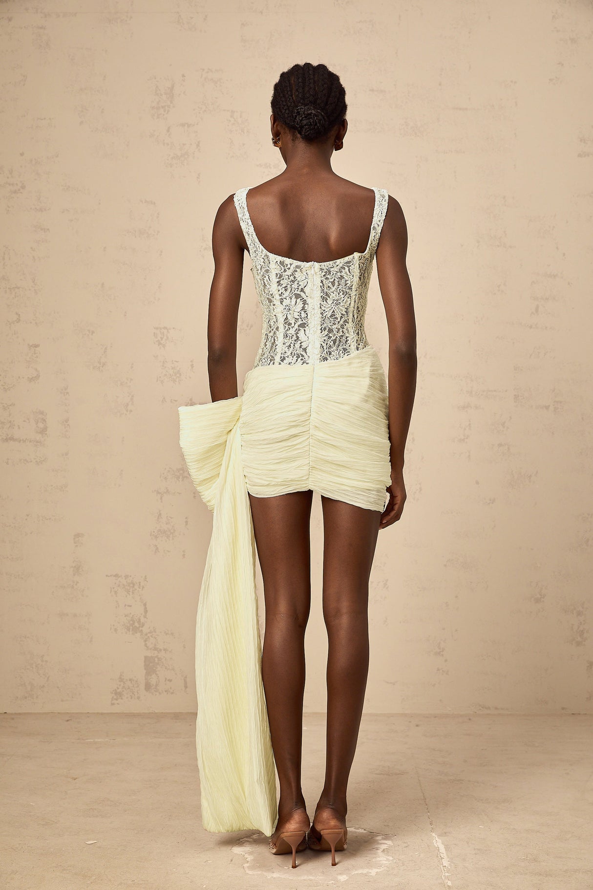 Aurohaya Gabrielle neutrals bowknot floral-lace-penal mini dress