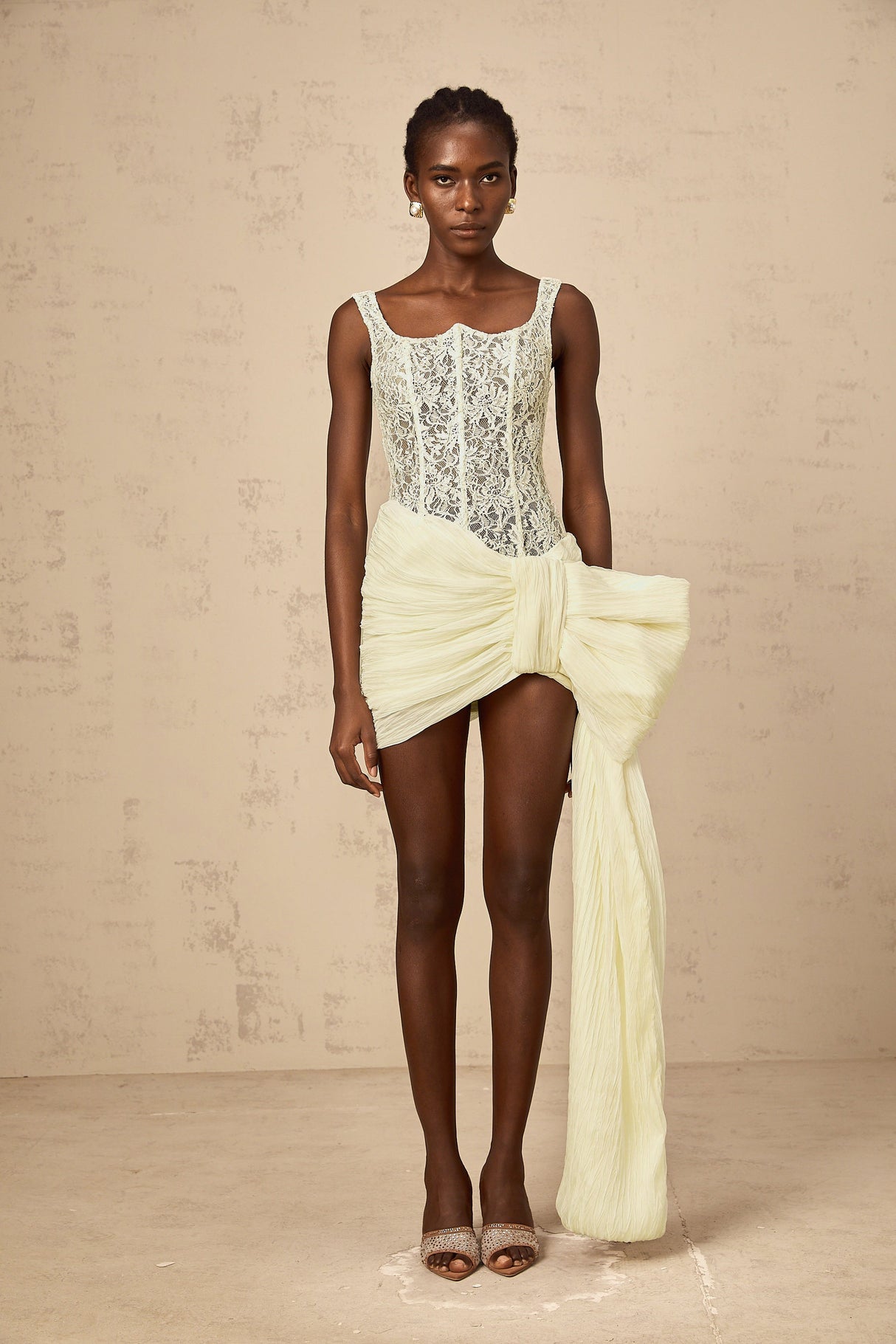 Aurohaya Gabrielle neutrals bowknot floral-lace-penal mini dress