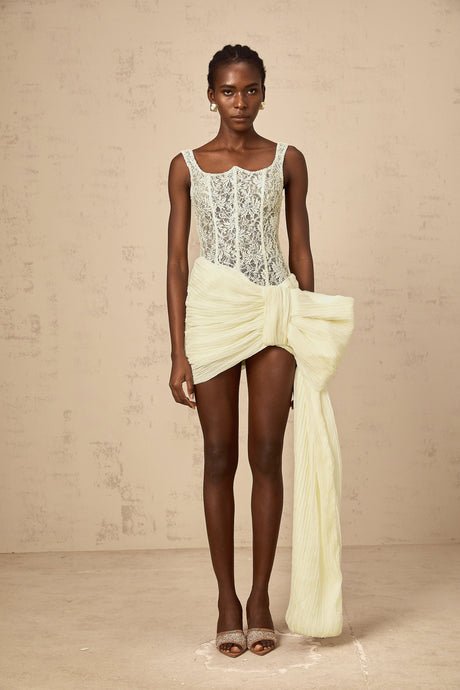 Aurohaya Gabrielle neutrals bowknot floral-lace-penal mini dress