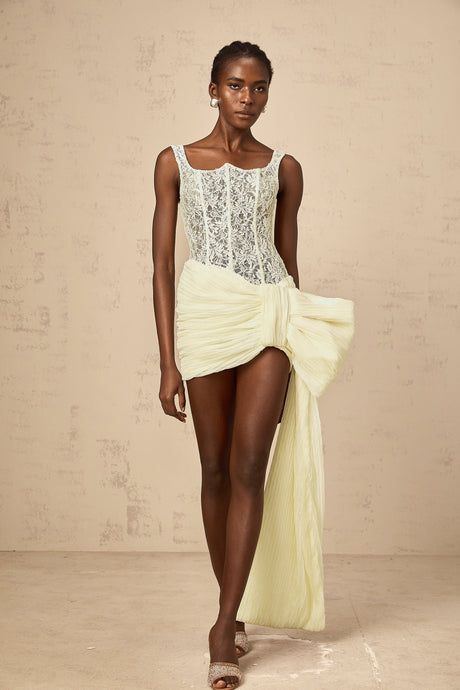Aurohaya Gabrielle neutrals bowknot floral-lace-penal mini dress