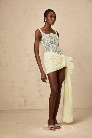 Aurohaya Gabrielle neutrals bowknot floral-lace-penal mini dress