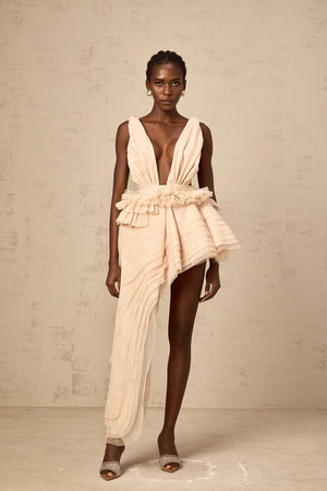 Aurohaya Isoline ribbon-design asymmetrical mini dress in Neutrals