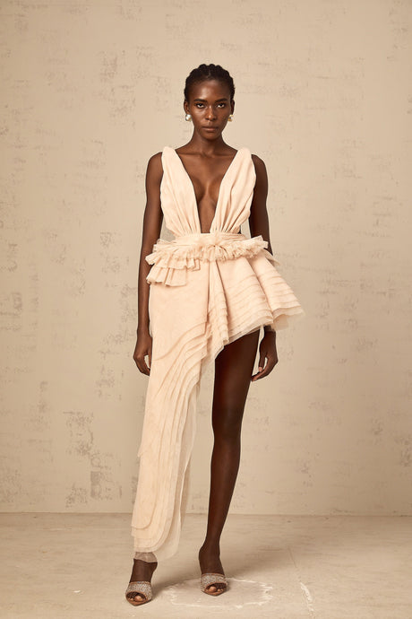 Aurohaya Isoline ribbon-design asymmetrical mini dress in Neutrals