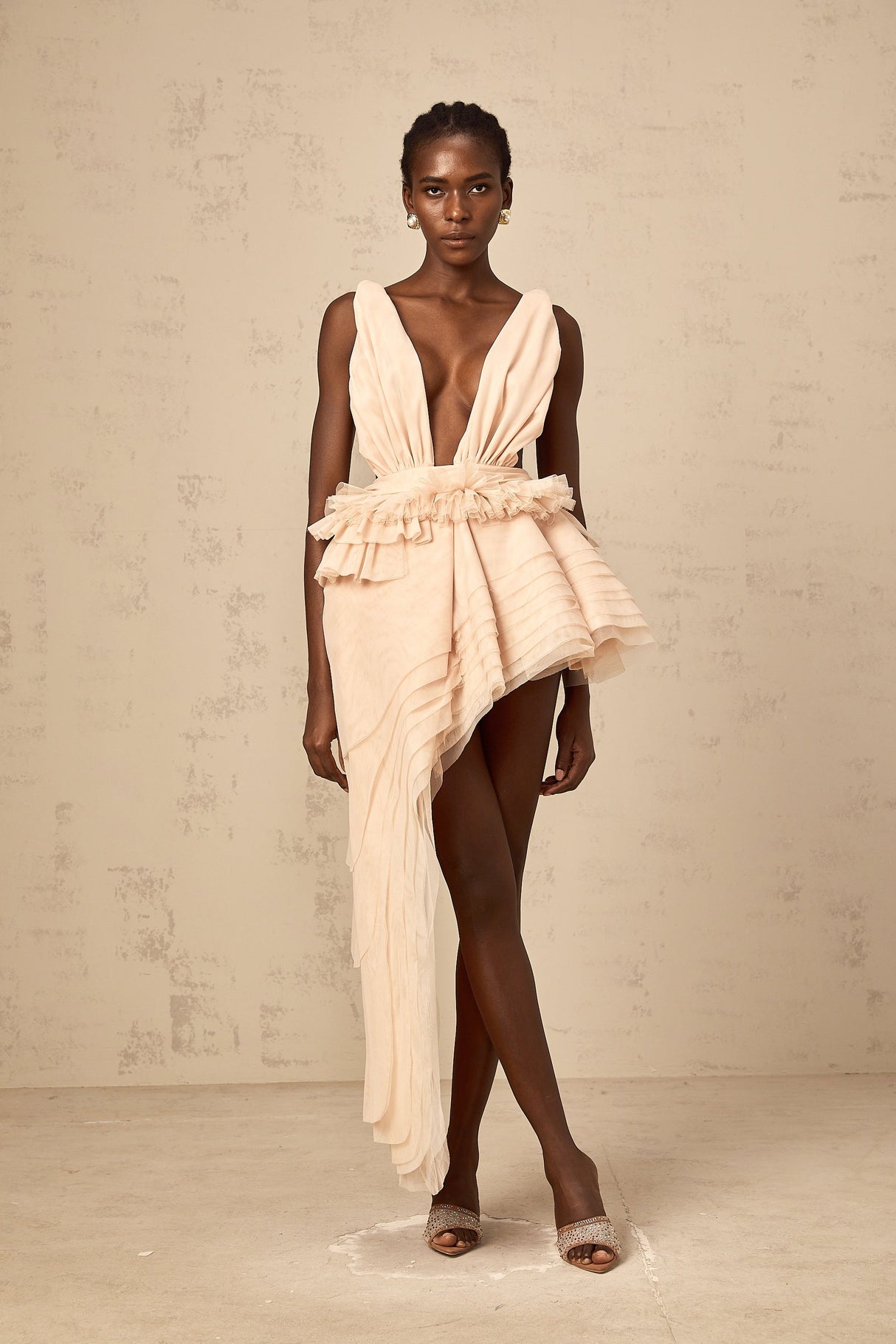 Aurohaya Isoline ribbon-design asymmetrical mini dress in Neutrals