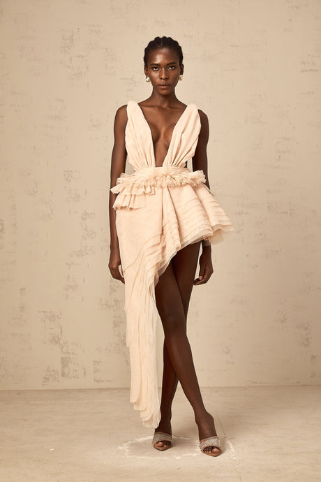 Aurohaya Isoline ribbon-design asymmetrical mini dress in Neutrals