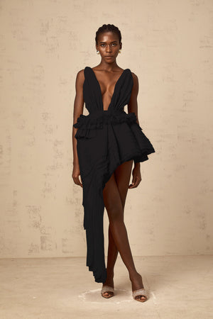 Aurohaya Isoline ribbon-design asymmetrical mini dress in Black