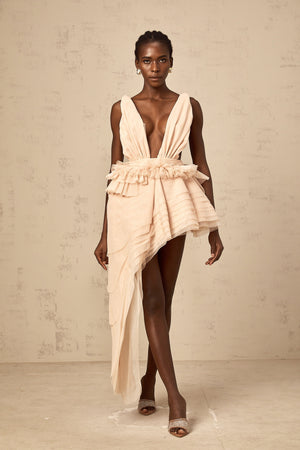 Aurohaya Isoline ribbon-design asymmetrical mini dress in Neutrals