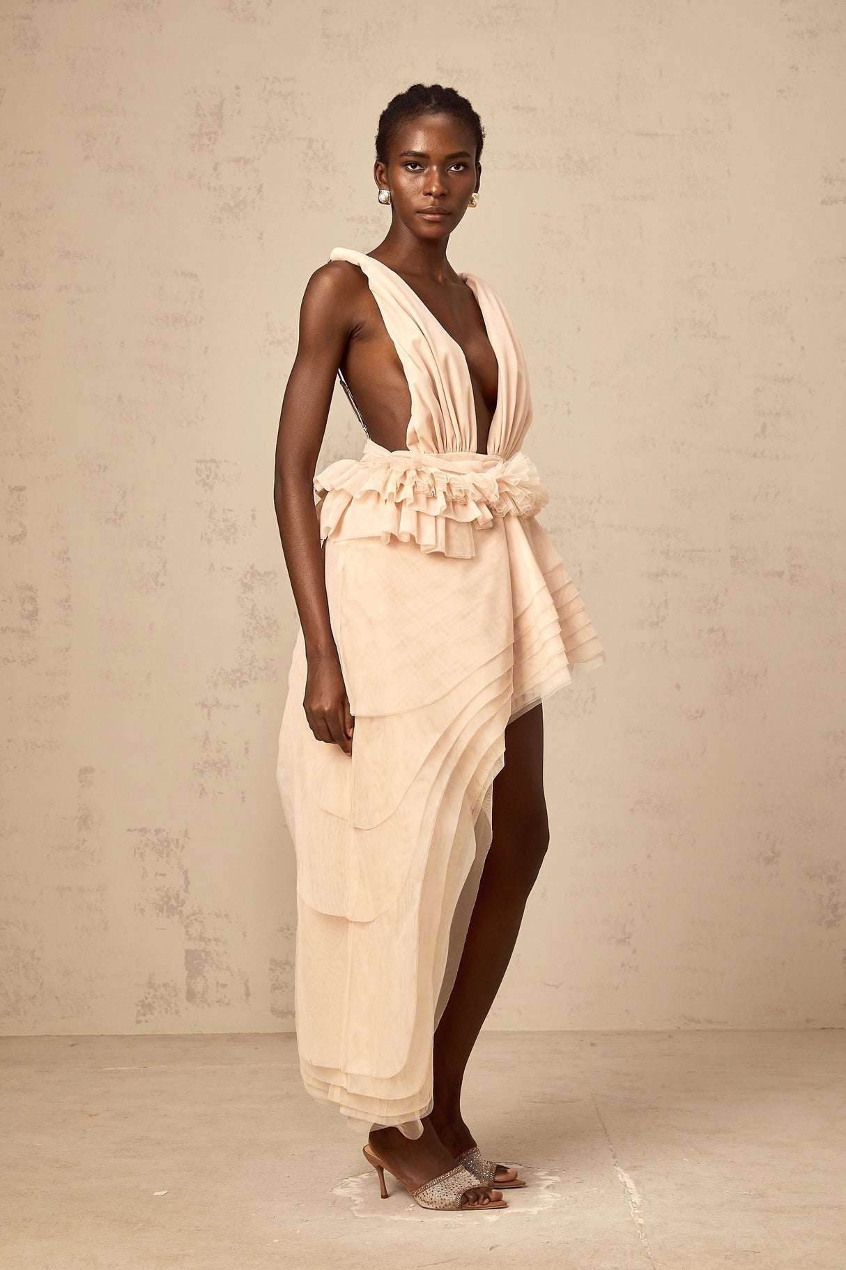 Aurohaya Isoline ribbon-design asymmetrical mini dress in Neutrals