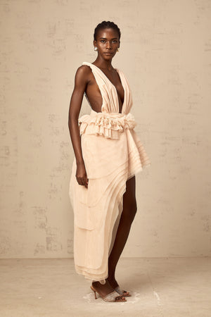 Aurohaya Isoline ribbon-design asymmetrical mini dress in Neutrals
