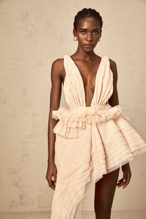 Aurohaya Isoline ribbon-design asymmetrical mini dress in Neutrals