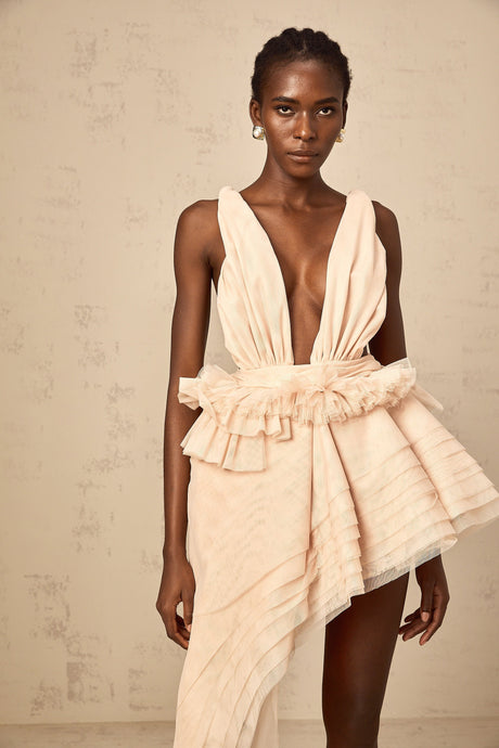 Aurohaya Isoline ribbon-design asymmetrical mini dress in Neutrals