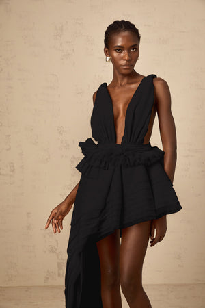 Aurohaya Isoline ribbon-design asymmetrical mini dress in Black