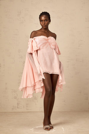 Aurohaya Avril pink bow draped slip mini dress