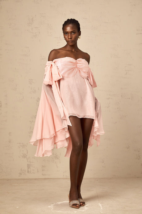 Aurohaya Avril pink bow draped slip mini dress